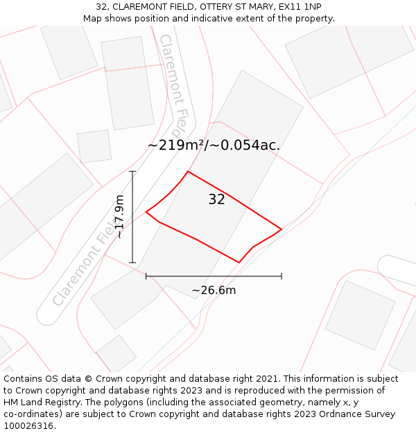 32, CLAREMONT FIELD, OTTERY ST MARY, EX11 1NP: Plot and title map