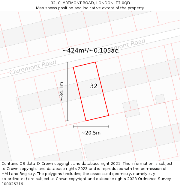 32, CLAREMONT ROAD, LONDON, E7 0QB: Plot and title map