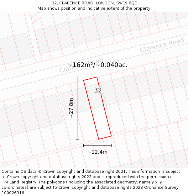 32, CLARENCE ROAD, LONDON, SW19 8QE: Plot and title map