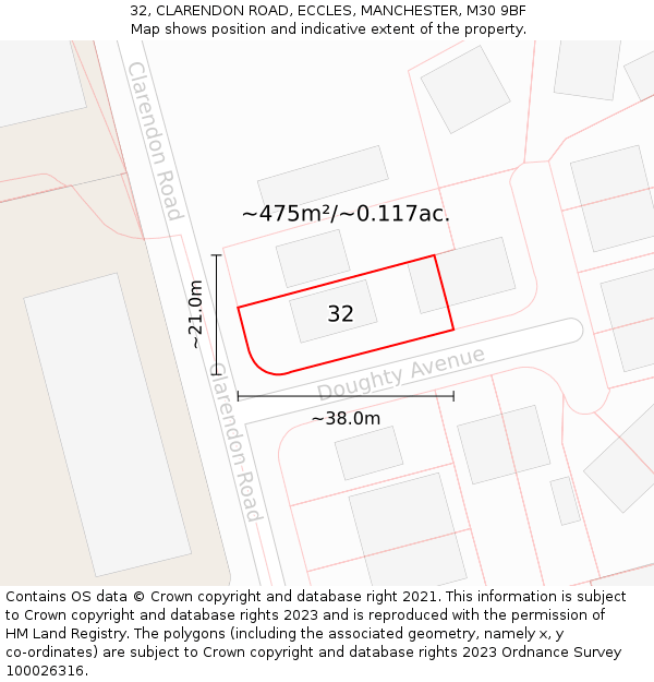 32, CLARENDON ROAD, ECCLES, MANCHESTER, M30 9BF: Plot and title map