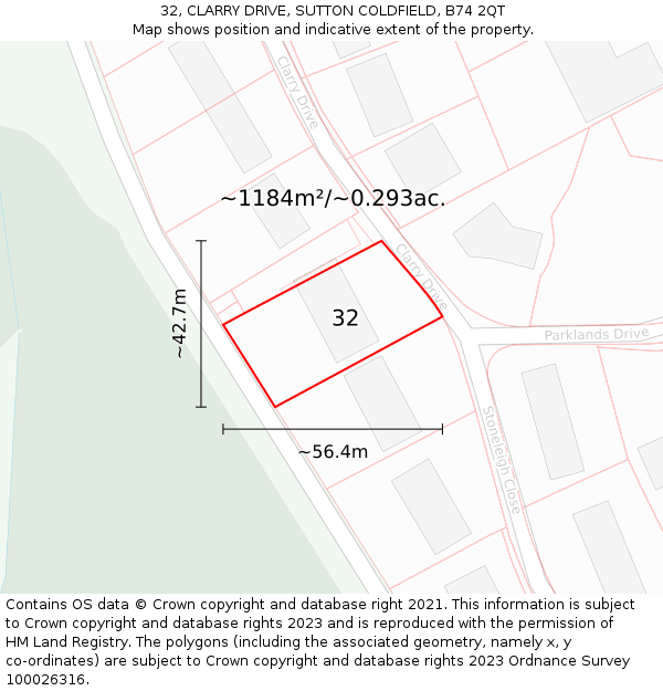 32, CLARRY DRIVE, SUTTON COLDFIELD, B74 2QT: Plot and title map