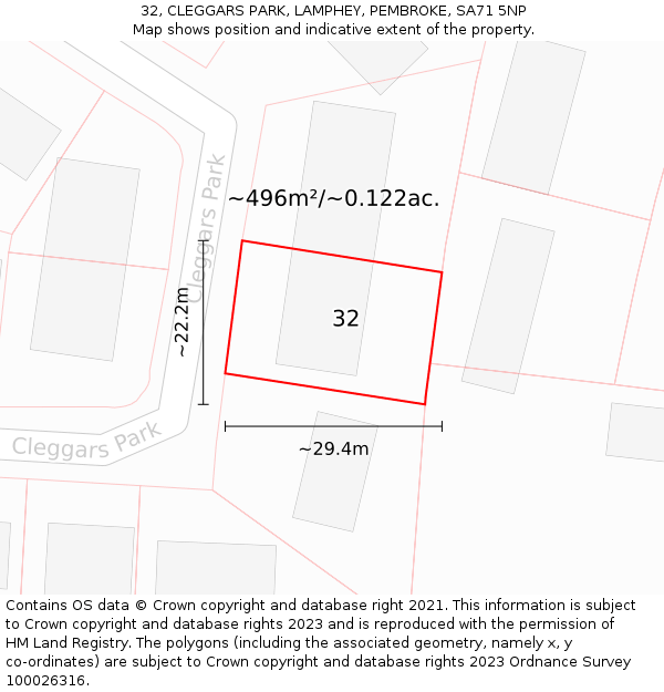 32, CLEGGARS PARK, LAMPHEY, PEMBROKE, SA71 5NP: Plot and title map