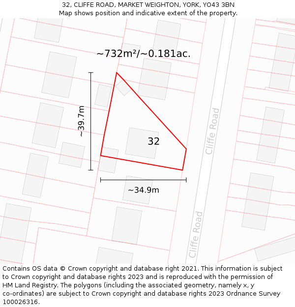 32, CLIFFE ROAD, MARKET WEIGHTON, YORK, YO43 3BN: Plot and title map