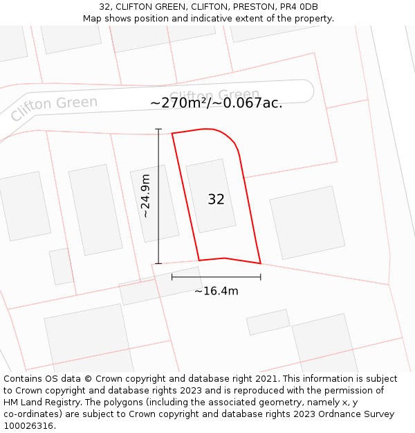 32, CLIFTON GREEN, CLIFTON, PRESTON, PR4 0DB: Plot and title map