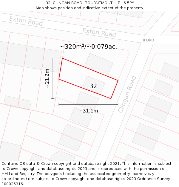 32, CLINGAN ROAD, BOURNEMOUTH, BH6 5PY: Plot and title map