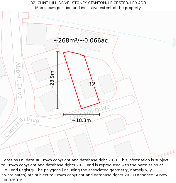 32, CLINT HILL DRIVE, STONEY STANTON, LEICESTER, LE9 4DB: Plot and title map