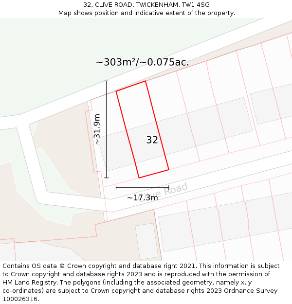 32, CLIVE ROAD, TWICKENHAM, TW1 4SG: Plot and title map
