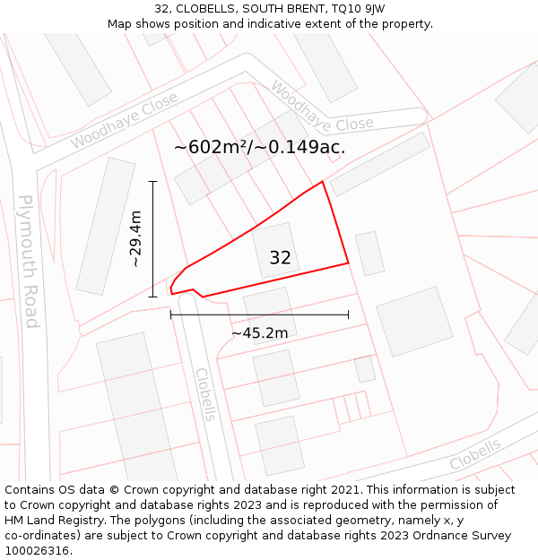 32, CLOBELLS, SOUTH BRENT, TQ10 9JW: Plot and title map