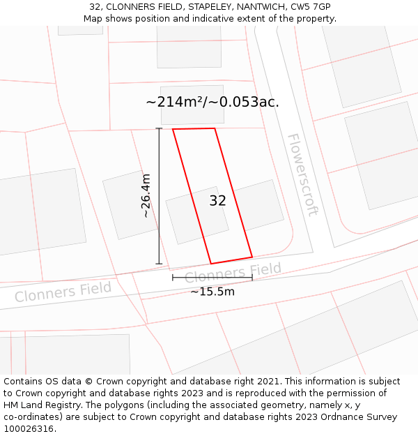 32, CLONNERS FIELD, STAPELEY, NANTWICH, CW5 7GP: Plot and title map