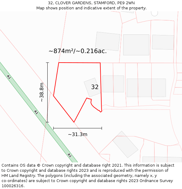 32, CLOVER GARDENS, STAMFORD, PE9 2WN: Plot and title map