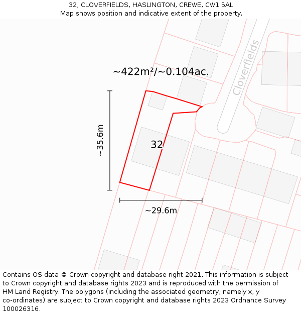 32, CLOVERFIELDS, HASLINGTON, CREWE, CW1 5AL: Plot and title map