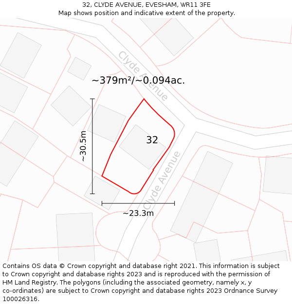 32, CLYDE AVENUE, EVESHAM, WR11 3FE: Plot and title map