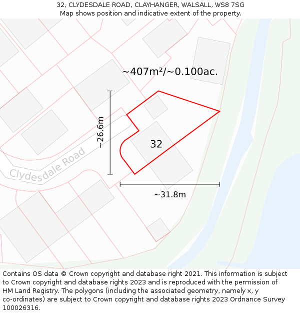 32, CLYDESDALE ROAD, CLAYHANGER, WALSALL, WS8 7SG: Plot and title map