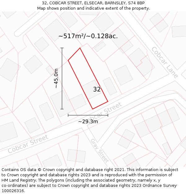 32, COBCAR STREET, ELSECAR, BARNSLEY, S74 8BP: Plot and title map