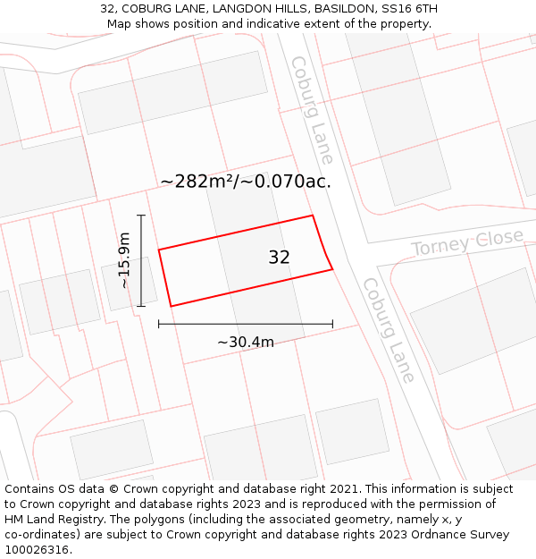 32, COBURG LANE, LANGDON HILLS, BASILDON, SS16 6TH: Plot and title map