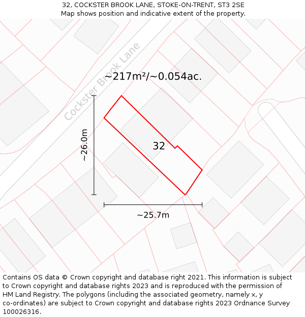32, COCKSTER BROOK LANE, STOKE-ON-TRENT, ST3 2SE: Plot and title map