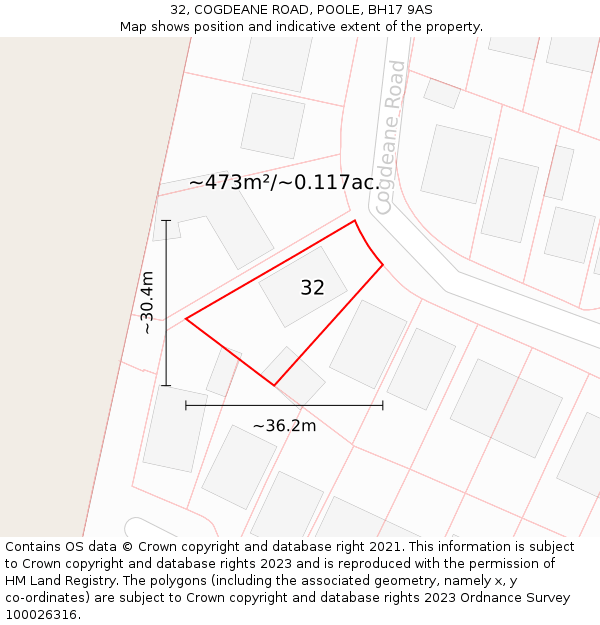 32, COGDEANE ROAD, POOLE, BH17 9AS: Plot and title map