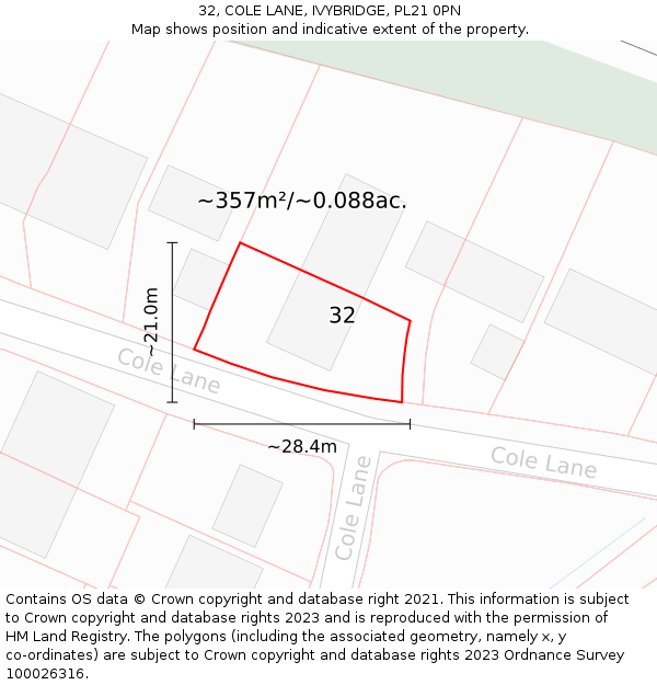 32, COLE LANE, IVYBRIDGE, PL21 0PN: Plot and title map