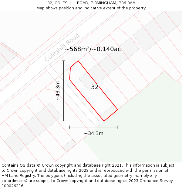32, COLESHILL ROAD, BIRMINGHAM, B36 8AA: Plot and title map