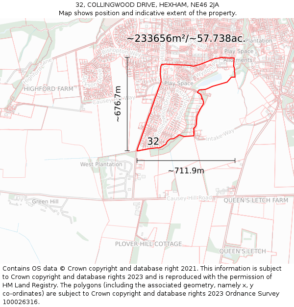 32, COLLINGWOOD DRIVE, HEXHAM, NE46 2JA: Plot and title map