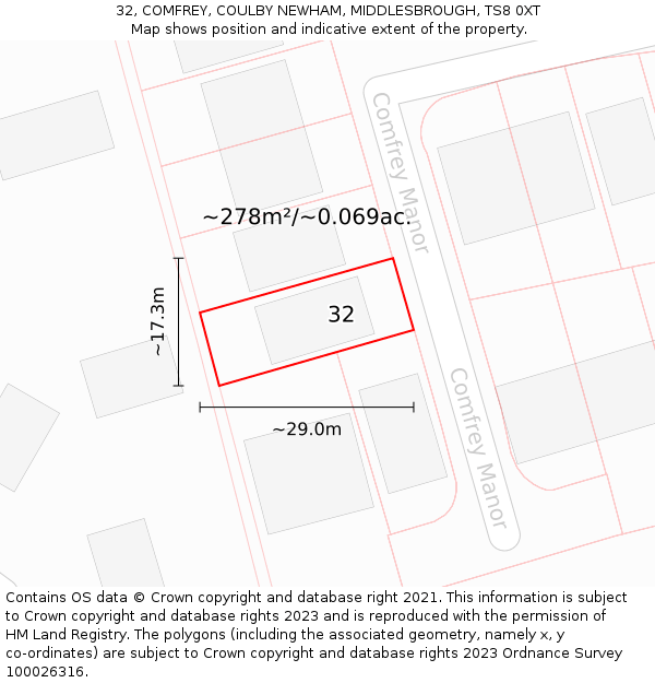 32, COMFREY, COULBY NEWHAM, MIDDLESBROUGH, TS8 0XT: Plot and title map
