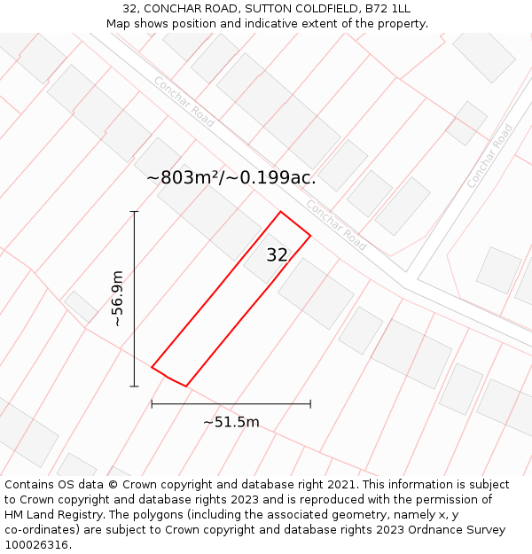 32, CONCHAR ROAD, SUTTON COLDFIELD, B72 1LL: Plot and title map