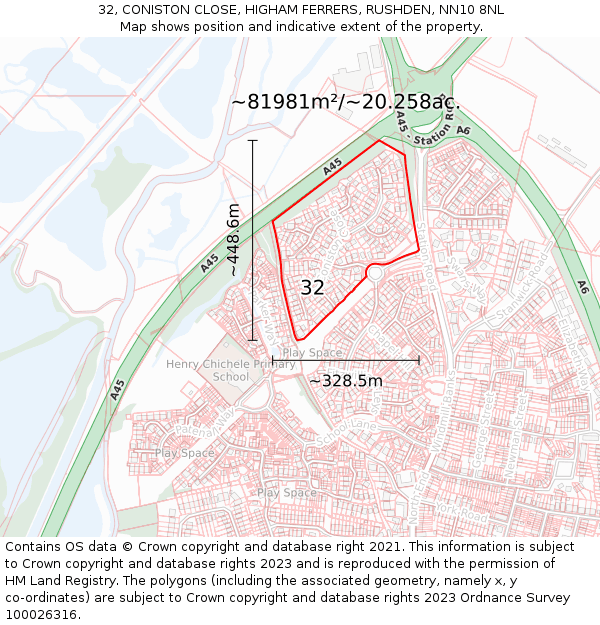 32, CONISTON CLOSE, HIGHAM FERRERS, RUSHDEN, NN10 8NL: Plot and title map
