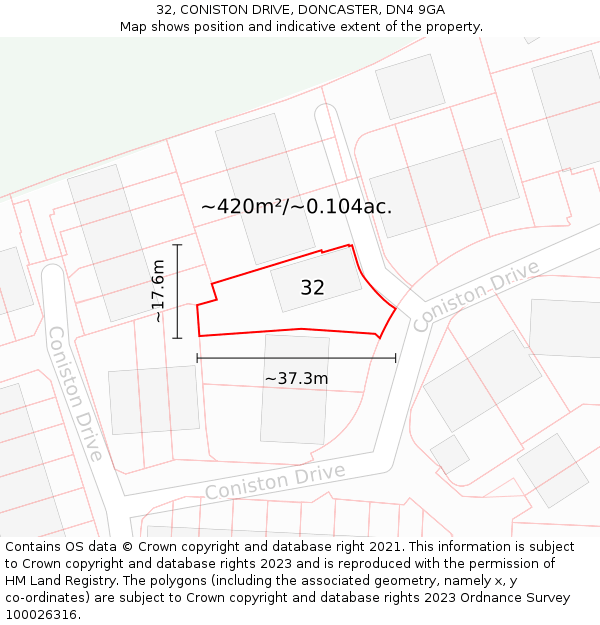 32, CONISTON DRIVE, DONCASTER, DN4 9GA: Plot and title map