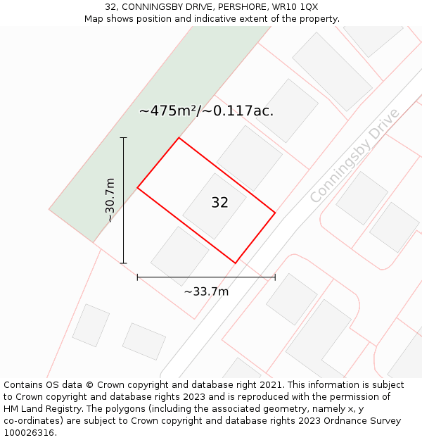 32, CONNINGSBY DRIVE, PERSHORE, WR10 1QX: Plot and title map