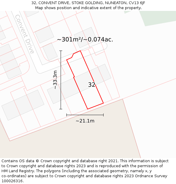 32, CONVENT DRIVE, STOKE GOLDING, NUNEATON, CV13 6JF: Plot and title map