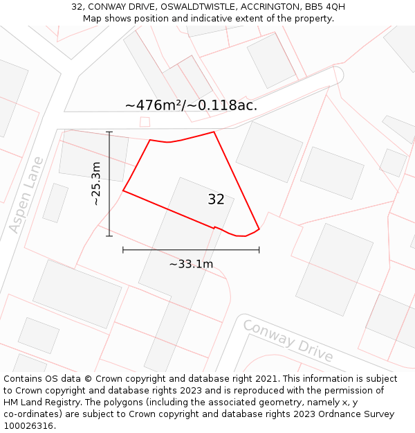 32, CONWAY DRIVE, OSWALDTWISTLE, ACCRINGTON, BB5 4QH: Plot and title map