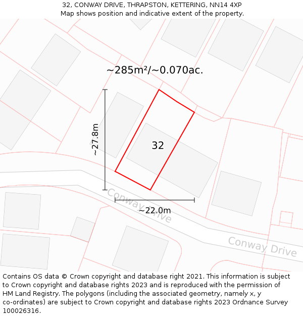 32, CONWAY DRIVE, THRAPSTON, KETTERING, NN14 4XP: Plot and title map