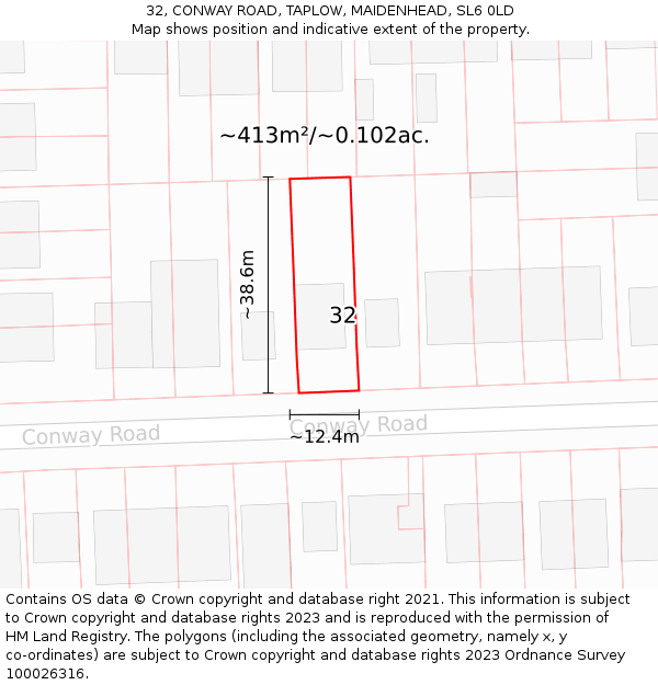 32, CONWAY ROAD, TAPLOW, MAIDENHEAD, SL6 0LD: Plot and title map