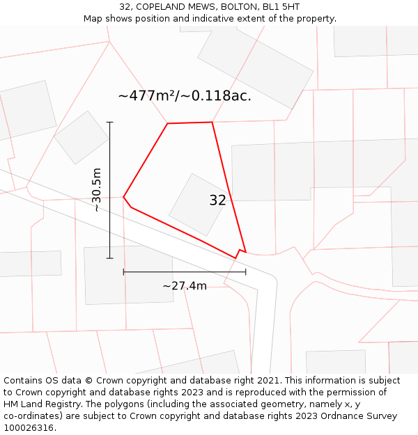 32, COPELAND MEWS, BOLTON, BL1 5HT: Plot and title map