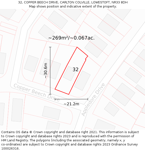 32, COPPER BEECH DRIVE, CARLTON COLVILLE, LOWESTOFT, NR33 8DH: Plot and title map