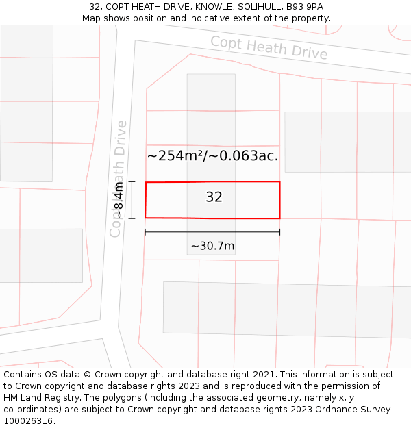 32, COPT HEATH DRIVE, KNOWLE, SOLIHULL, B93 9PA: Plot and title map