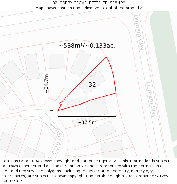 32, CORBY GROVE, PETERLEE, SR8 1PY: Plot and title map