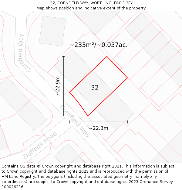 32, CORNFIELD WAY, WORTHING, BN13 3FY: Plot and title map