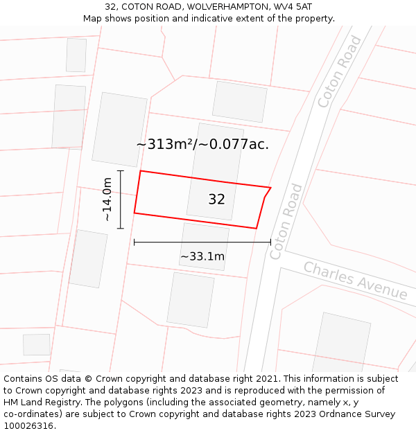 32, COTON ROAD, WOLVERHAMPTON, WV4 5AT: Plot and title map