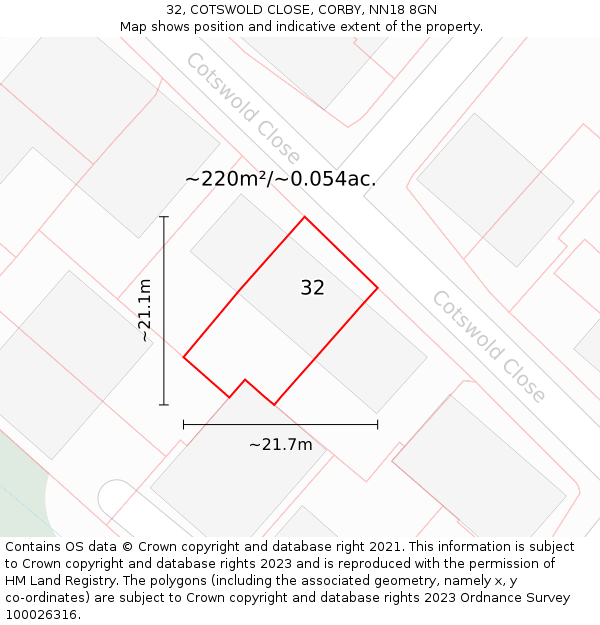 32, COTSWOLD CLOSE, CORBY, NN18 8GN: Plot and title map