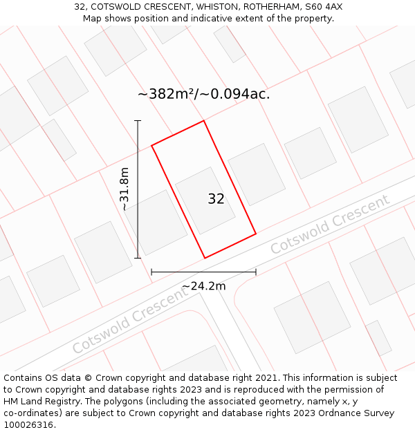 32, COTSWOLD CRESCENT, WHISTON, ROTHERHAM, S60 4AX: Plot and title map