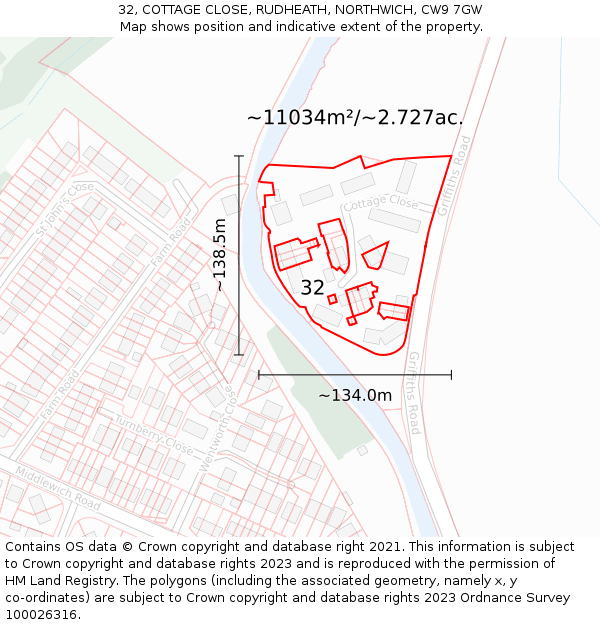 32, COTTAGE CLOSE, RUDHEATH, NORTHWICH, CW9 7GW: Plot and title map