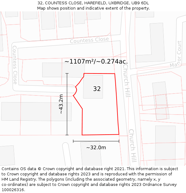 32, COUNTESS CLOSE, HAREFIELD, UXBRIDGE, UB9 6DL: Plot and title map