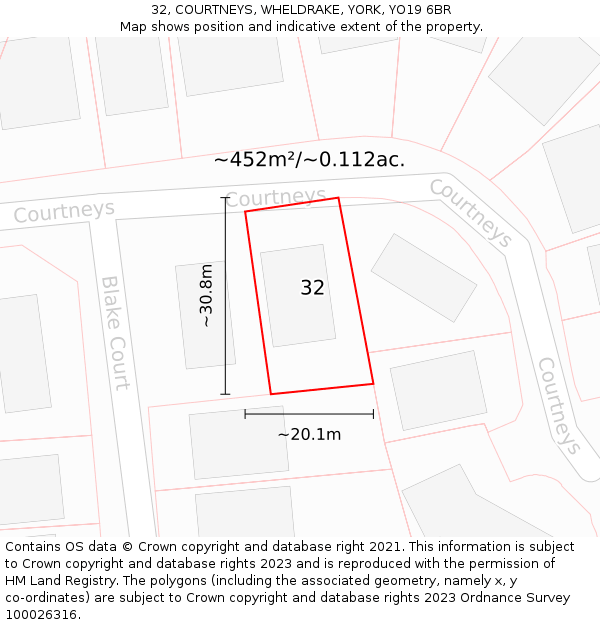 32, COURTNEYS, WHELDRAKE, YORK, YO19 6BR: Plot and title map