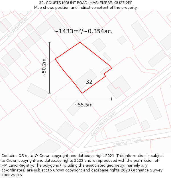 32, COURTS MOUNT ROAD, HASLEMERE, GU27 2PP: Plot and title map