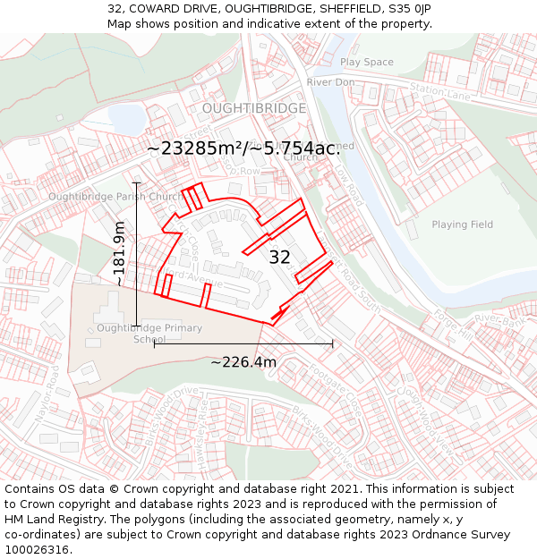 32, COWARD DRIVE, OUGHTIBRIDGE, SHEFFIELD, S35 0JP: Plot and title map