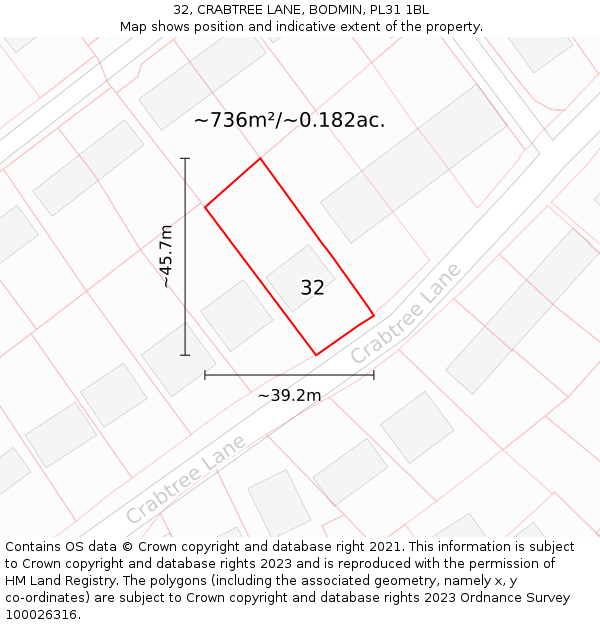 32, CRABTREE LANE, BODMIN, PL31 1BL: Plot and title map