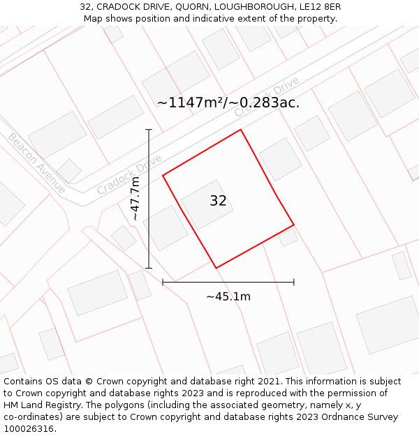 32, CRADOCK DRIVE, QUORN, LOUGHBOROUGH, LE12 8ER: Plot and title map
