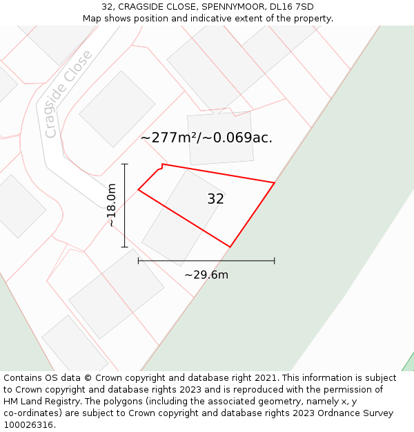 32, CRAGSIDE CLOSE, SPENNYMOOR, DL16 7SD: Plot and title map