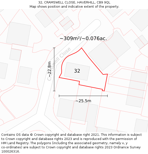 32, CRAMSWELL CLOSE, HAVERHILL, CB9 9QL: Plot and title map
